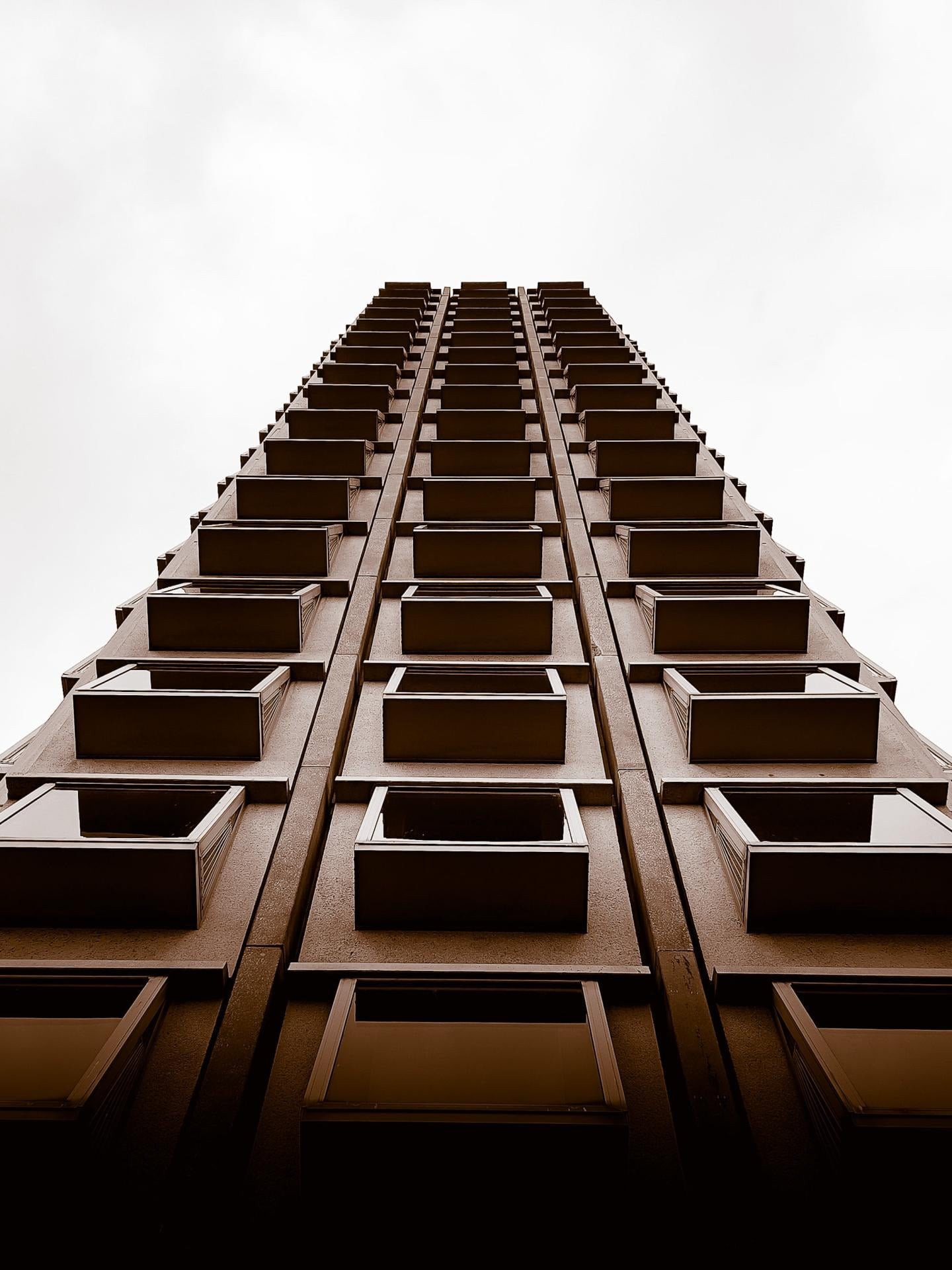 A black and white tall building